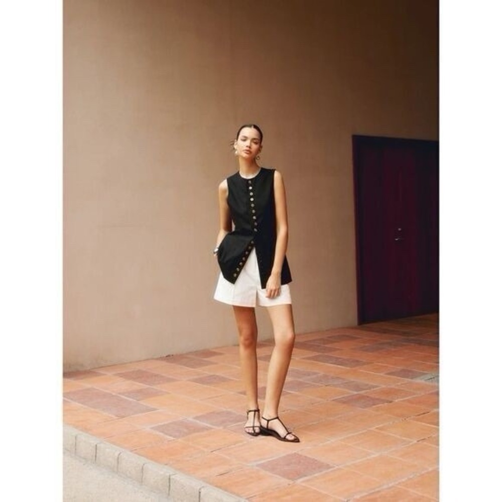 Commense Women's Vest Top Black Longline Button F Sleeveless Linen Blend  L NWT